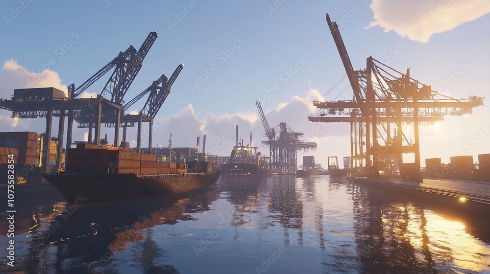 Fototapeta premium A large cargo ship docked at a busy harbor with cranes loading and unloading containers under a bright blue sky.