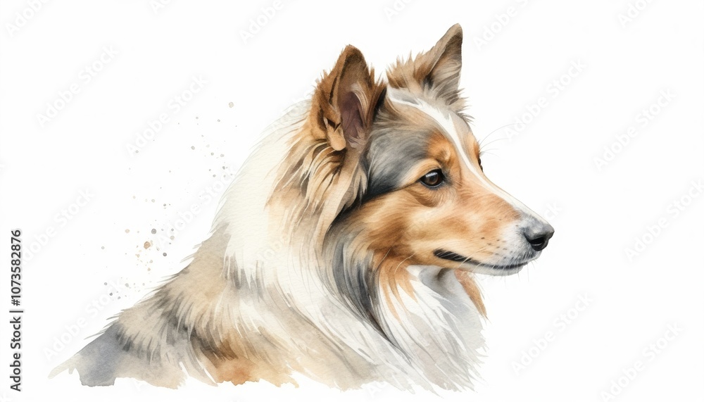 A serene watercolor sketch of a collie dog showcasing its gentle demeanor, perfect for adding a touch of warmth to any space with ample copyspace available for text A serene watercolor sketch of a collie dog showcasing its gentle demeanor, perfect for adding a touch of warmth to any space with ample copyspace available for text