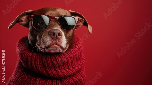 A quirky brown dog dons stylish sunglasses and a knit red sweater against a bold red backdrop, exuding personality and charm with a fashionable flair. photo