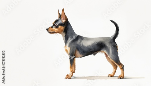 A detailed watercolor sketch of a small dog standing elegantly against a blank background, showcasing its features with artistic flair