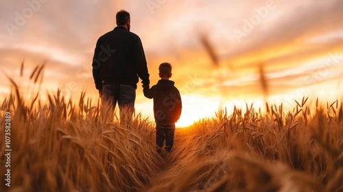 A heartwarming image of a father and son holding hands as they walk through a wheat field at sunset, capturing a moment of connection and warmth against a golden sky. photo