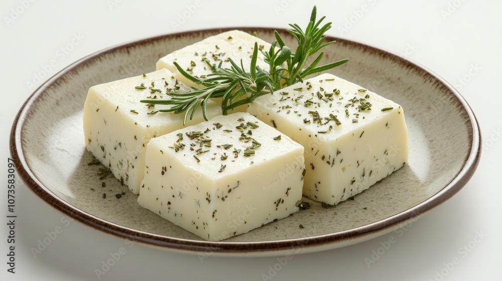 Fresh herb-infused cheese cubes on a decorative plate Fresh herb-infused cheese cubes on a decorative plate