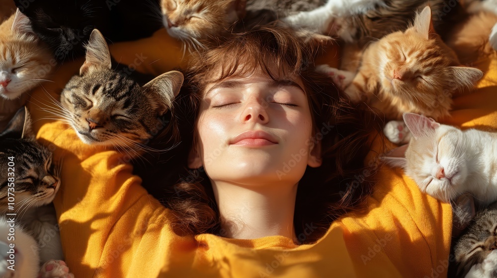 A serene image depicts a woman lying comfortably, surrounded by numerous sleeping kittens, showcasing tranquility, love for animals, and a sense of harmony. A serene image depicts a woman lying comfortably, surrounded by numerous sleeping kittens, showcasing tranquility, love for animals, and a sense of harmony.