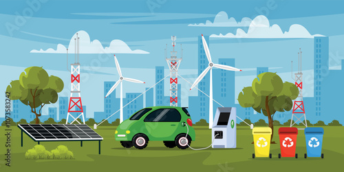 Vector illustration of alternative energy sources. Cartoon scene of beautiful landscape with solar panels, wind turbines, trash cans, electric car charging, trees, bushes, high-rise buildings, sky.