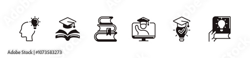 knowledge lightbulb innovation book icon set smart brainstorm creative thinking with graduation hat signs vector illustration
