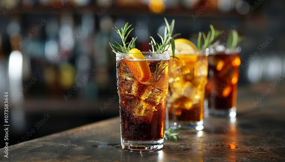 Three glasses of assorted tea and cola cocktails with ice cubes Three glasses of assorted tea and cola cocktails with ice cubes