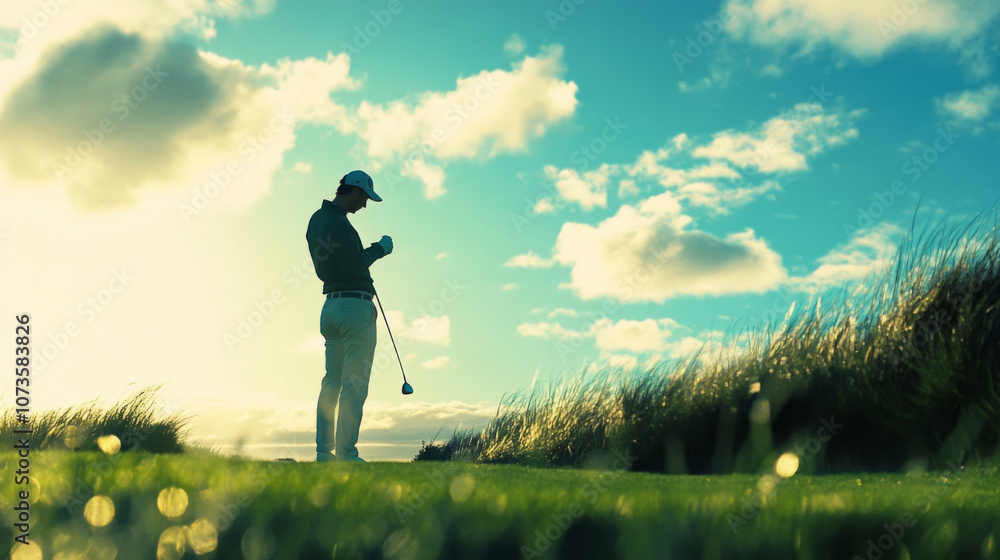 Golfer Intensely Focused on Swing in Lush Green Landscape