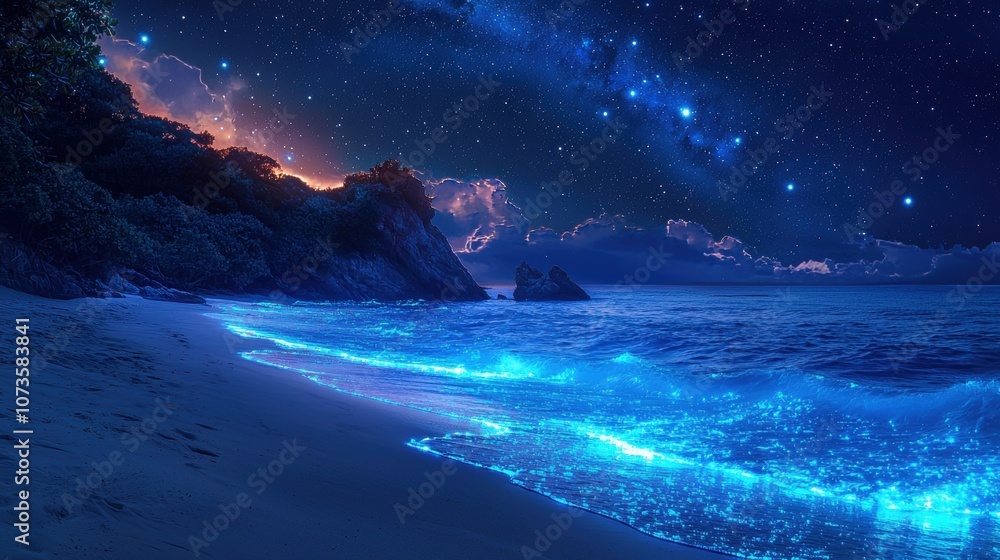 A serene beach with bioluminescent sand and neon-lit waves under a starry holographic sky The shore shimmers creating a tranquil coastal environment A peaceful digital seaside retreat A serene beach with bioluminescent sand and neon-lit waves under a starry holographic sky The shore shimmers creating a tranquil coastal environment A peaceful digital seaside retreat