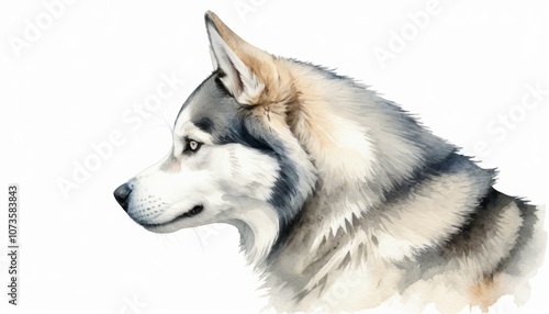 A detailed watercolor sketch showcasing a husky dog in profile with ample copyspace for text or branding, capturing the essence of canine charm and artistry photo