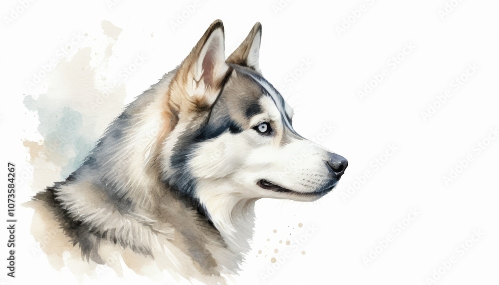 A detailed watercolor sketch of a side-profile husky dog with captivating blue eyes and soft fur, set against a subtle, blended background that leaves ample copyspace for design elements A detailed watercolor sketch of a side-profile husky dog with captivating blue eyes and soft fur, set against a subtle, blended background that leaves ample copyspace for design elements