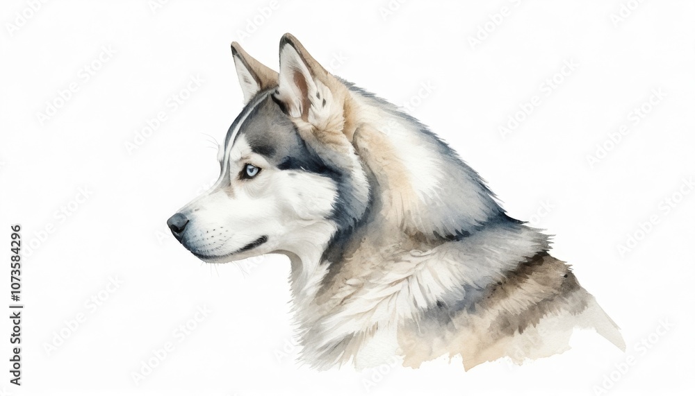A beautifully detailed watercolor sketch of a majestic husky dog showcasing its vibrant fur and expressive features with ample copyspace for text or titles