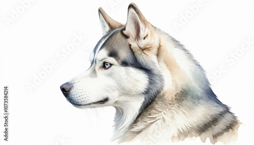 A detailed watercolor sketch of a husky dog in profile, showcasing its striking features, with ample copyspace for adding personal notes or text photo