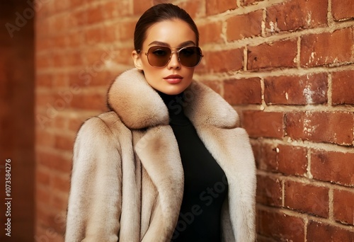 beautiful model girl in sunglasses in a light fur coat against the background of a brick wall
