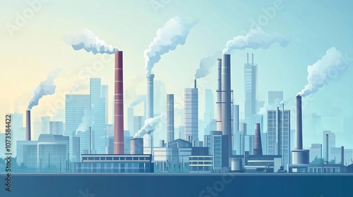 An industrial cityscape with smoke stacks spewing smoke into the air.