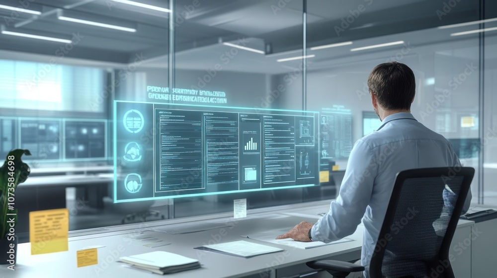 A person interacts with a futuristic holographic interface in a modern office setting.