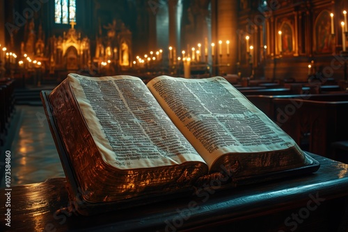 A grand, ancient Bible resting open on a wooden lectern in a dimly lit church, where intricate calligraphy and illustrations shimmer in the soft candlelight, inviting contemplation and reverence photo