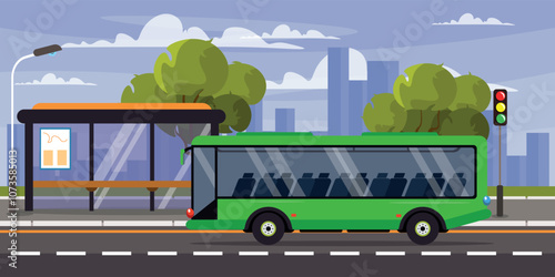 Vector illustration of a landscape with a traffic stop. Cartoon scenes of a transport stop, timetable, bus, road, traffic light, lantern, trees, silhouettes of multi-storey buildings, sky with clouds.