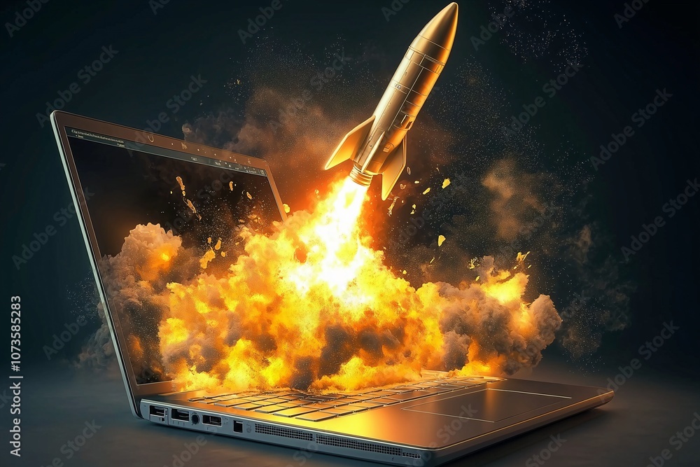 Launching Space Rocket From Laptop Screen. Launching Space Rocket From Laptop Screen.