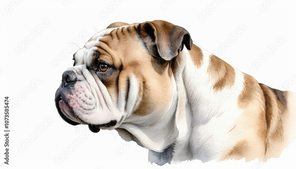 A gentle bulldog resting in a sunny garden during a peaceful afternoon, showcasing its unique markings on a watercolor background with ample copyspace available for text A gentle bulldog resting in a sunny garden during a peaceful afternoon, showcasing its unique markings on a watercolor background with ample copyspace available for text