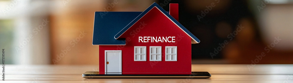 red house model with word REFINANCE displayed on smartphone red house model with word REFINANCE displayed on smartphone