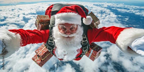 Santa Claus as a skydiver jumps to earth with a parachute and many gifts on his back