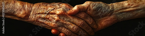 Portrait of two wrinkled hands clasped together, revealing age spots and liver spots.