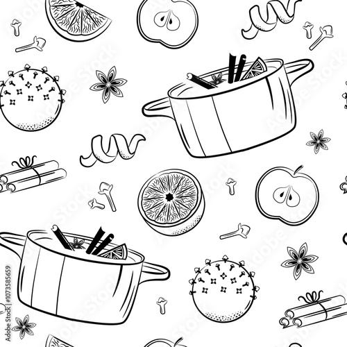 Winter drinks culinary seamless pattern. Mulled wine and ingredients. Punch in pan, apple, spices. Vector sketch background.