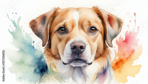 A detailed watercolor sketch of a serene dog sitting gracefully amidst a colorful background, showcasing its expressive eyes and soft fur, perfect for print or artistic projects photo