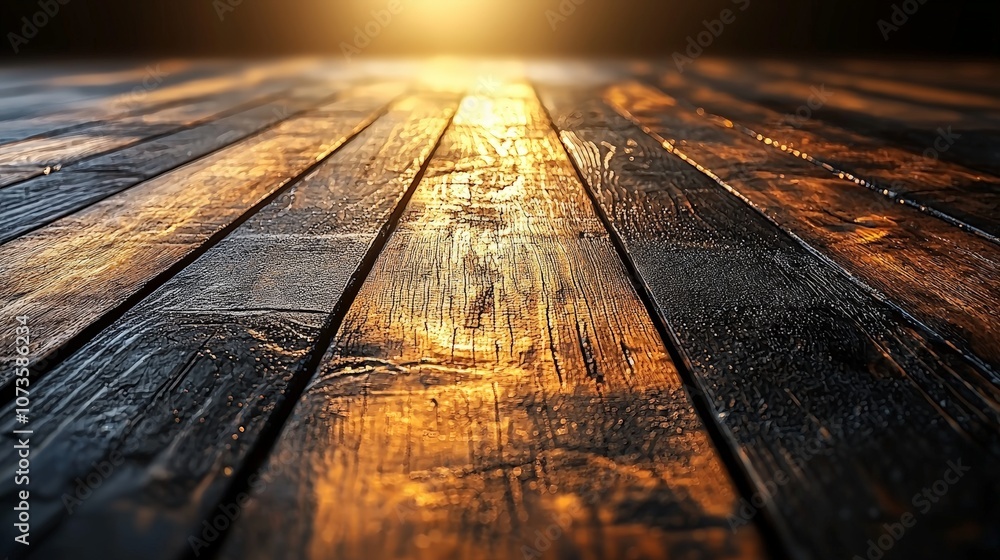 A close-up view of wooden planks reflecting warm light, creating a serene atmosphere. A close-up view of wooden planks reflecting warm light, creating a serene atmosphere.