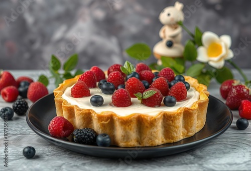 Delicious Homemade Cheesecake with Fresh Raspberries and Blueberries on Black Plate