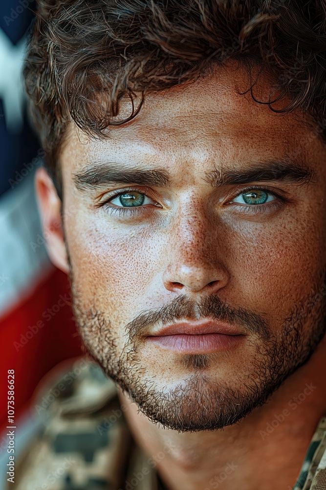 Soldier portrait with American flag background in warm tones. Soldier portrait with American flag background in warm tones.