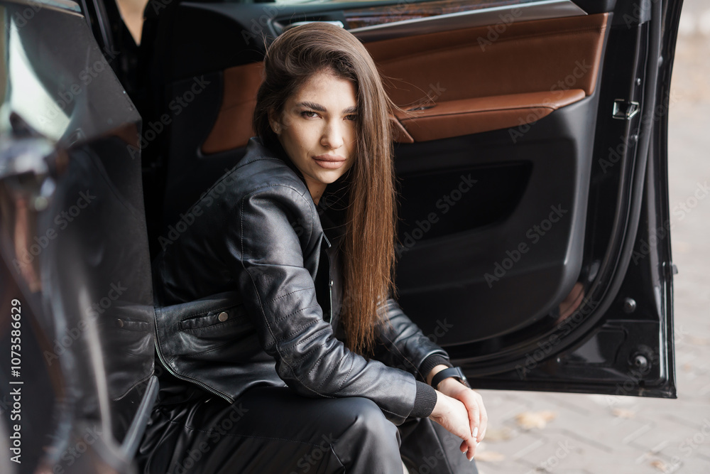Stylish Young Woman in Casual Leather Outfit Relaxing by Car Door Stylish Young Woman in Casual Leather Outfit Relaxing by Car Door