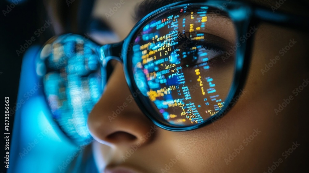 Close-up of computer code reflecting in the glasses on a woman's face as she works at a desk, high detail, AI Generative Close-up of computer code reflecting in the glasses on a woman's face as she works at a desk, high detail, AI Generative