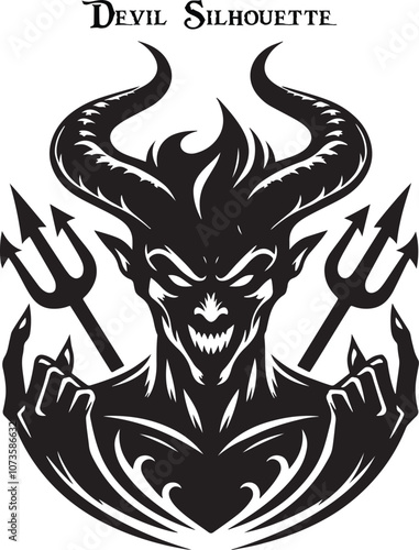 Black and white horned devil head silhouette. A dark, menacing shadow of a devil, evoking fear with glowing eyes and sharp, ominous features.