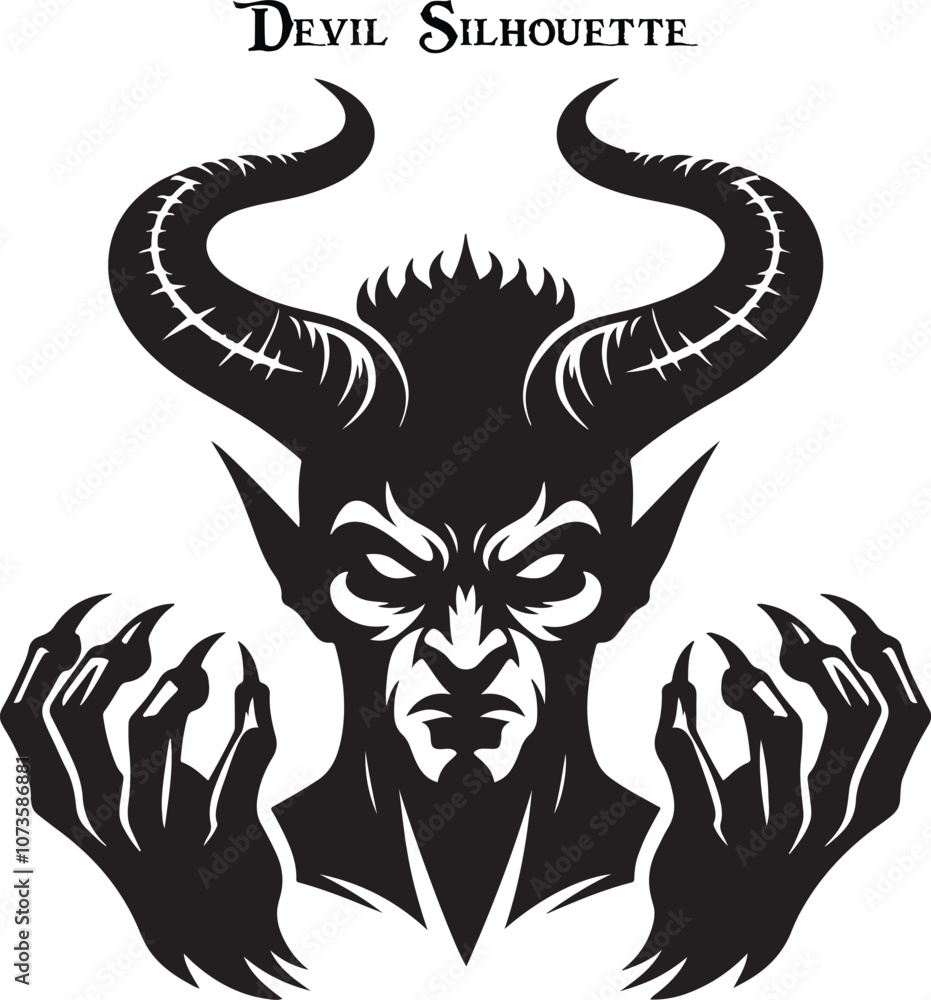 Black and white horned devil head silhouette. A dark, menacing shadow of a devil, evoking fear with glowing eyes and sharp, ominous features. Black and white horned devil head silhouette. A dark, menacing shadow of a devil, evoking fear with glowing eyes and sharp, ominous features.