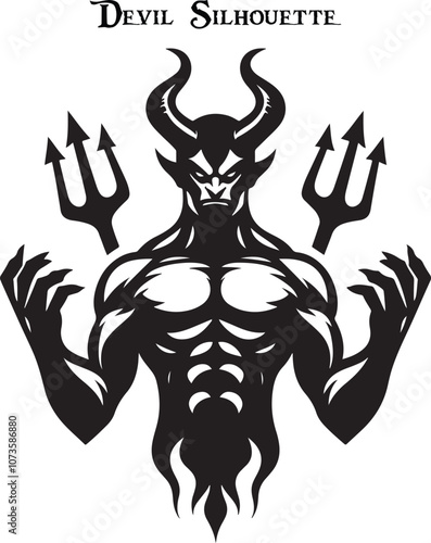 Black and white horned devil head silhouette. A dark, menacing shadow of a devil, evoking fear with glowing eyes and sharp, ominous features.