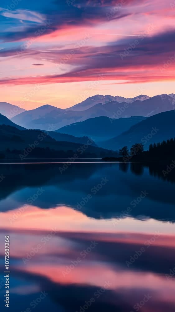 Serene mountain landscape at sunset with colorful sky reflection on lake, peaceful nature and tranquility concept Serene mountain landscape at sunset with colorful sky reflection on lake, peaceful nature and tranquility concept