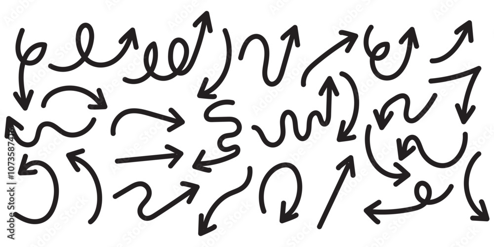 Large set of thin arrows of different shapes, drawn by hand. Vector illustration of simple pointer symbols - connections for infographics, presentation, social networks. Large set of thin arrows of different shapes, drawn by hand. Vector illustration of simple pointer symbols - connections for infographics, presentation, social networks.