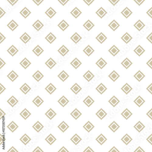 Simple golden vector abstract seamless pattern with diamond shapes, small rhombuses, grid. Luxury minimal gold and white background texture. Stylish minimalist texture. Repeated decorative geo design