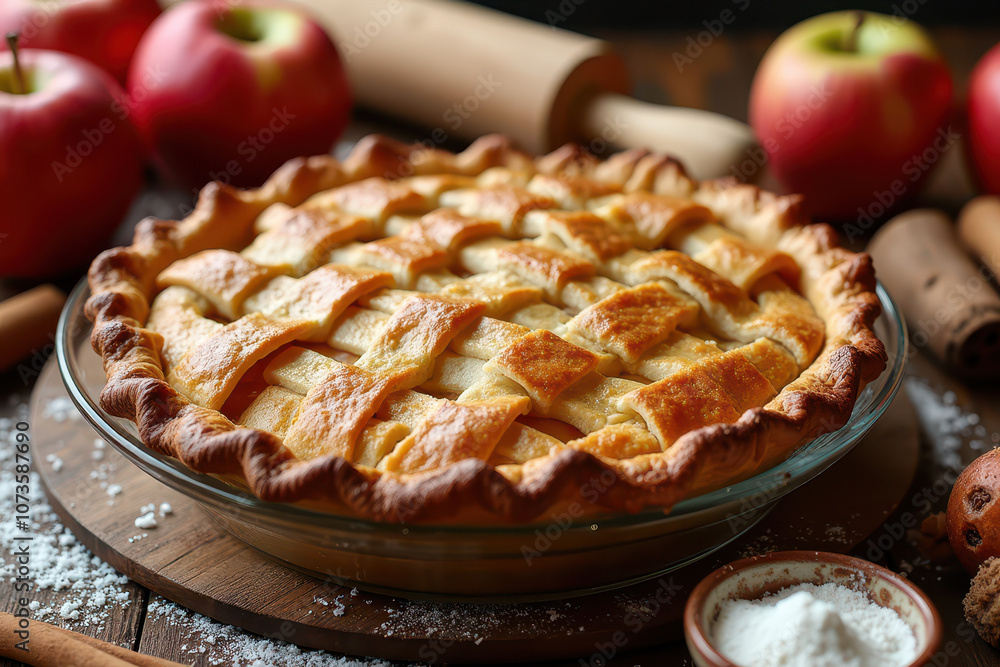 A freshly baked apple pie with a lattice crust, surrounded by ingredients like whole apples, cinnamon sticks, flour, and sugar crystals for a home-baked feel. A freshly baked apple pie with a lattice crust, surrounded by ingredients like whole apples, cinnamon sticks, flour, and sugar crystals for a home-baked feel.
