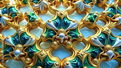 3D colorful Jewelry art forms with golden patterns background texture