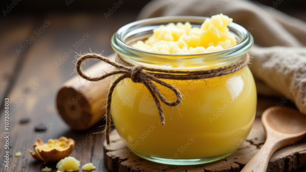 A glass jar of golden-colored beef tallow with herbs tied around its neck on a wooden surface with dried citrus peels nearby. A glass jar of golden-colored beef tallow with herbs tied around its neck on a wooden surface with dried citrus peels nearby.