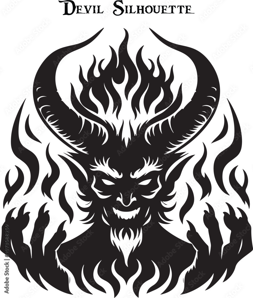 Black and white horned devil head silhouette. A dark, menacing shadow of a devil, evoking fear with glowing eyes and sharp, ominous features. Black and white horned devil head silhouette. A dark, menacing shadow of a devil, evoking fear with glowing eyes and sharp, ominous features.