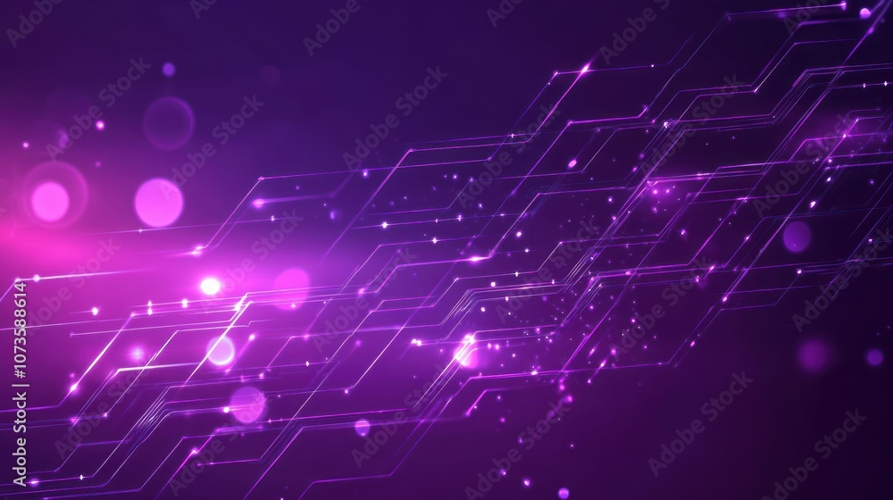 Obraz premium Abstract purple background with bright particles and geometric lines for digital design.