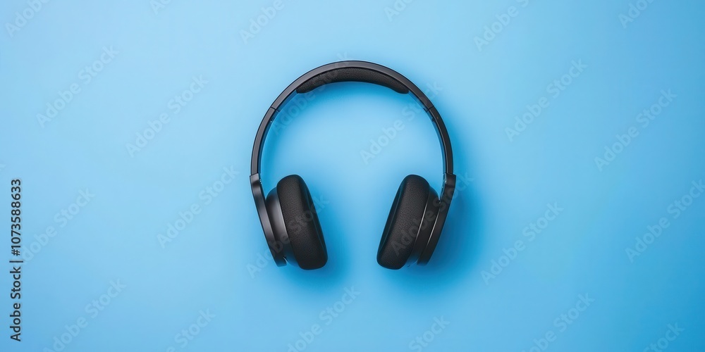 Black headphones on a vibrant blue background, ideal for music and sound accessories. Black headphones on a vibrant blue background, ideal for music and sound accessories.