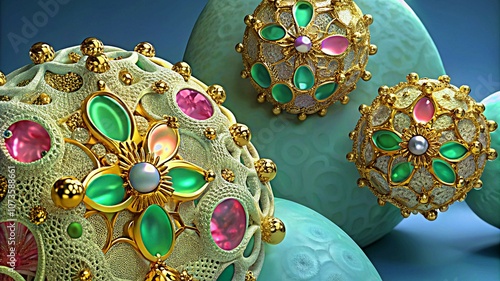 3D colorful Jewelry art forms with golden patterns background texture
