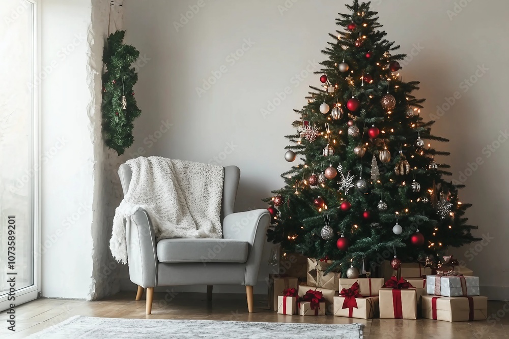 Interior of festive living room with grey armchair and gift boxes under Christmas tree Interior of festive living room with grey armchair and gift boxes under Christmas tree