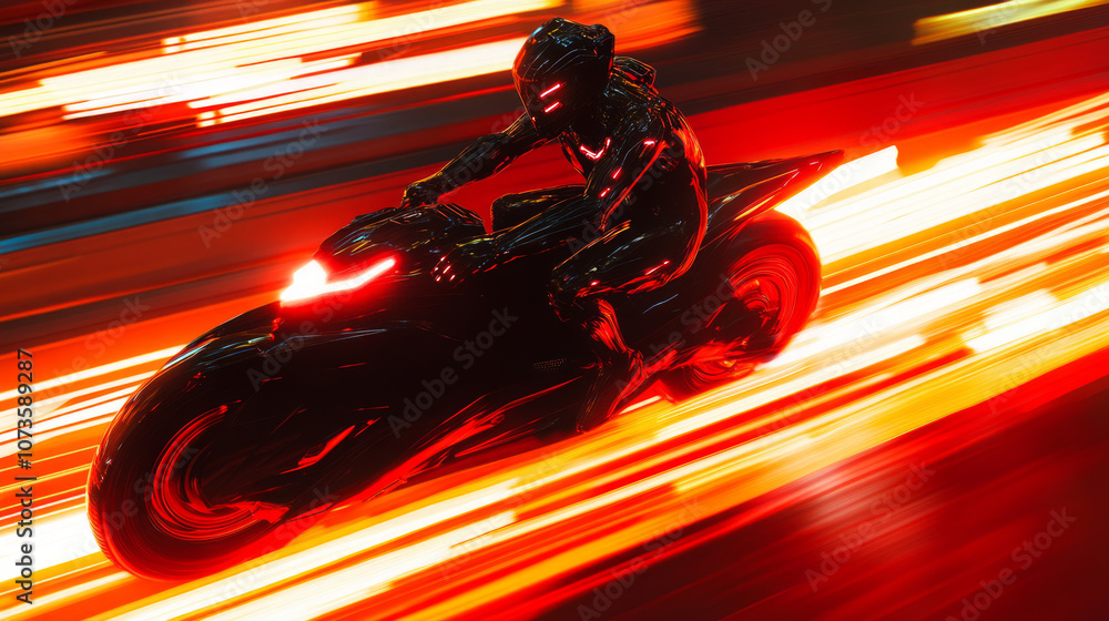 Futuristic motorcycle rider in black suit speeding through neon red light trails, creating a high-tech cyberpunk aesthetic. Fast-paced action and sci-fi concept. Futuristic motorcycle rider in black suit speeding through neon red light trails, creating a high-tech cyberpunk aesthetic. Fast-paced action and sci-fi concept.