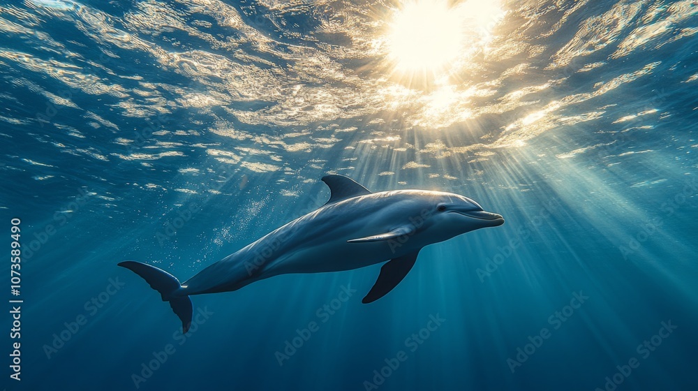 Naklejka premium A dolphin is swimming in the ocean with the sun shining on it