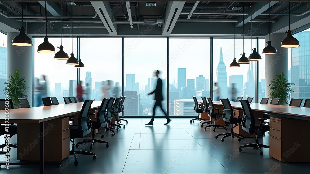 A modern office with a spacious open plan layout, natural lighting, and motion blurred figures, showcasing a professional and bustling atmosphere with a blurred panoramic city view background A modern office with a spacious open plan layout, natural lighting, and motion blurred figures, showcasing a professional and bustling atmosphere with a blurred panoramic city view background